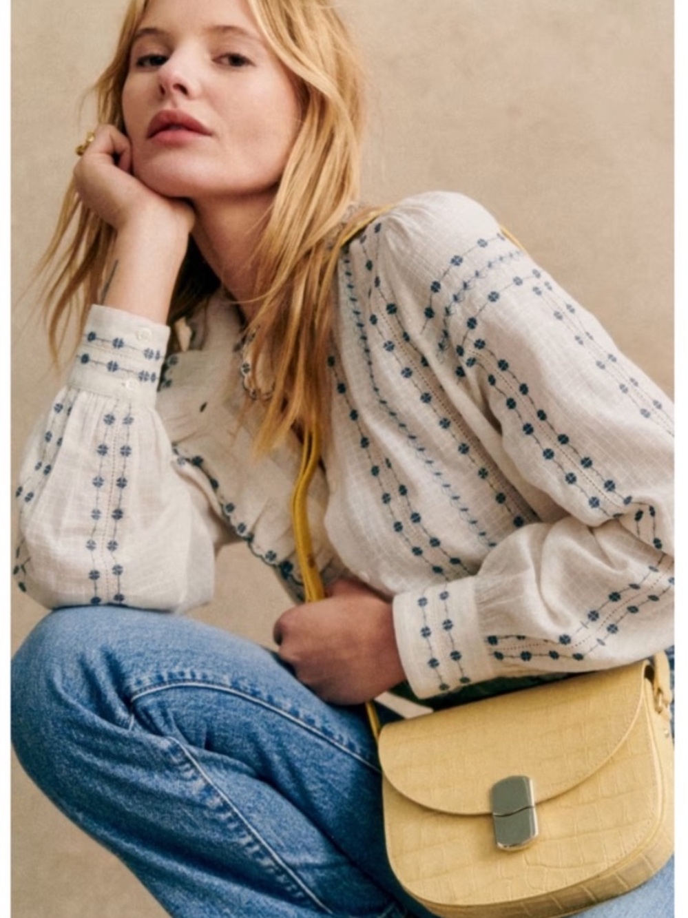 SEZANE NWT White Blue Cream Floral Embroidered Ruffle Button Down Chlo Shirt Top - Picture 11 of 17